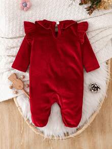 Baby Girls Cute Ruffled Collar 3D Floral Decor Ruffle Long Sleeve Solid Color Footed Gold Velvet Romper - Red - View 3
