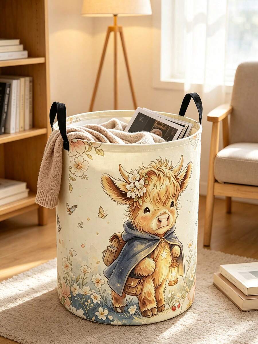 Cute Highland Cow Floral Print Laundry Hamper, Collapsible Large‑Capacity Storage Basket With Handles, Clothes Storage, Unisex, Essential For Daily Home And Dorm Use - Multicolor - View 1