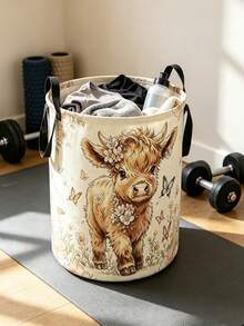 Cute Highland Cow Floral Print Laundry Hamper, Collapsible Large‑Capacity Storage Basket With Handles, Clothing Storage, Unisex, Essential For Daily Home And Dorm Use - Multicolor - View 9
