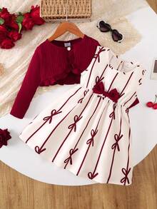 Girls 2 Pieces Set 4-7 Years Old Cream Base Burgundy Bow Print Soft Ribbed Ruffle Short Cardigan & Spaghetti Strap Dress, Gentle Style, Soft Skin-Friendly Fitted Fit, Sweet Young Girl Outdoor Daily Wear - Burgundy - View 2