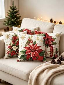 Christmas Decorative Pillow Covers (4pcs/1pc) - Printed With Christmas Red, Christmas Tree, Christmas Ball And Gift Box Patterns, Suitable For Sofa Or Bedroom; Made Of Soft, Durable, Washable And Fade-Resistant Fabric; Christmas Home Decor (Pillow Insert Not Included) - Multicolor - View 5