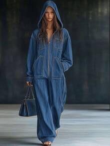 Autumn And Winter New European And American Hooded Overall JeanWomenAutumn And Winter New American High Street Pants Spring Wear Lazy Relaxed Feeling - Blue - View 2