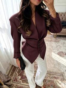 Black Stand Collar Ruffle Trim Blazer, Slim Fit Waist, French Elegant Commuter Style - Coffee Brown - View 4