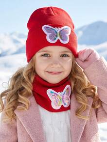 3pcs 3-15Y Embroidered Sequin Bow Knit Hat + Scarf 2-Piece Set, Solid Color New Style Hat Set - 2PCS - View 5