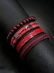Vintage Red Cupid's Arrow Leather Bracelet Set (Unisex) - Multi-Layer Woven Wristband - Red - View 2