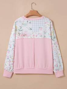 Blusa holgada para mujer con cuello redondo, hombros caídos, manga larga, textura acanalada, estampado floral y a cuadros en patchwork rosa, casual para uso diario y vacaciones de otoño - Rosa Pálido - Ver 6