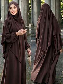 Modest Abaya Two‑Piece Set, Bubble Long Sleeve Maxi Dress With Matching Hijab, Casual Loose Muslim Women Outfit - Multicolor - View 14