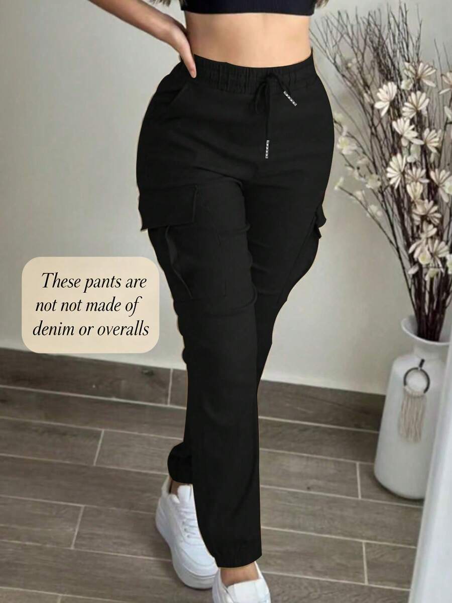Fashion Casual Solid Color Simple Pocket Elastic Waist Drawstring Cargo Pants Black Spring - Black - View 1