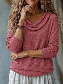 Solid Color Women's Knitted Long Sleeve T-Shirt, Regular Length, Suitable For Autumn/Winter Casual Wear - Dark Purple - View 3