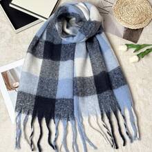 1pc Black & Grey Plaid Women's Scarf, Rectangular Tassel Scarf Suitable For Autumn/Winter Daily Use - Dogtail Navy Blue and White Plaid - View 6