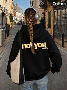 Women's Loose Fit Hoodie, Personalized Slogan Print, Y2K Style - Black - View 2
