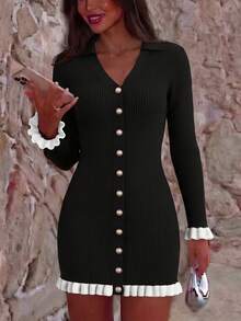 Gaun Sweater Mini Rajut Hitam Wanita, Kancing Emas, Lengan Panjang Berkerut, Potongan Ramping, Pakaian Musim Gugur - Hitam - View 2