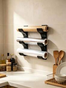2pcs 3-Tier Wall-Mounted Cling Film & Aluminum Foil Storage Rack, No Drilling Required With Double-Sided Adhesive, Multi-Functional Storage Organizer - Storage Rack - View 4