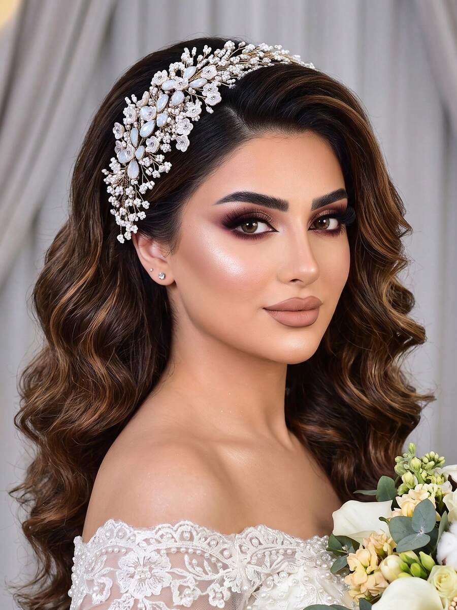 1pc Handmade Rhinestone Flower Crystal Beaded Headband, Fashionable Charming Wedding Bridal Hair Accessory, Women's Daily Party Headpiece