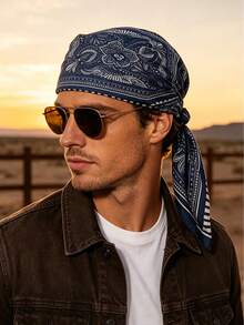 1pc Men Navy Paisley Square Bandana Soft Lightweight Multifunctional Head Neck Scarf For Daily Casual Wear - Multicolor - View 7