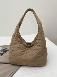 Tas Bahu Wanita, Tas Kasual Lembut dengan Bordir, Tas Bantal, Tas Fashion Portabel Kapasitas Besar - Khaki - View 4
