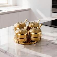 3/4-teiliges Gewürzglas-Set aus goldenem Edelstahl mit drehbarem Ständer, Glasbehälter mit Deckel  Löffeln, Küchendosen-Set für Kaffeebohnen, Pfeffer, MSG, Süßigkeiten, Hühnerbrühe  Salz - Übersicht 2