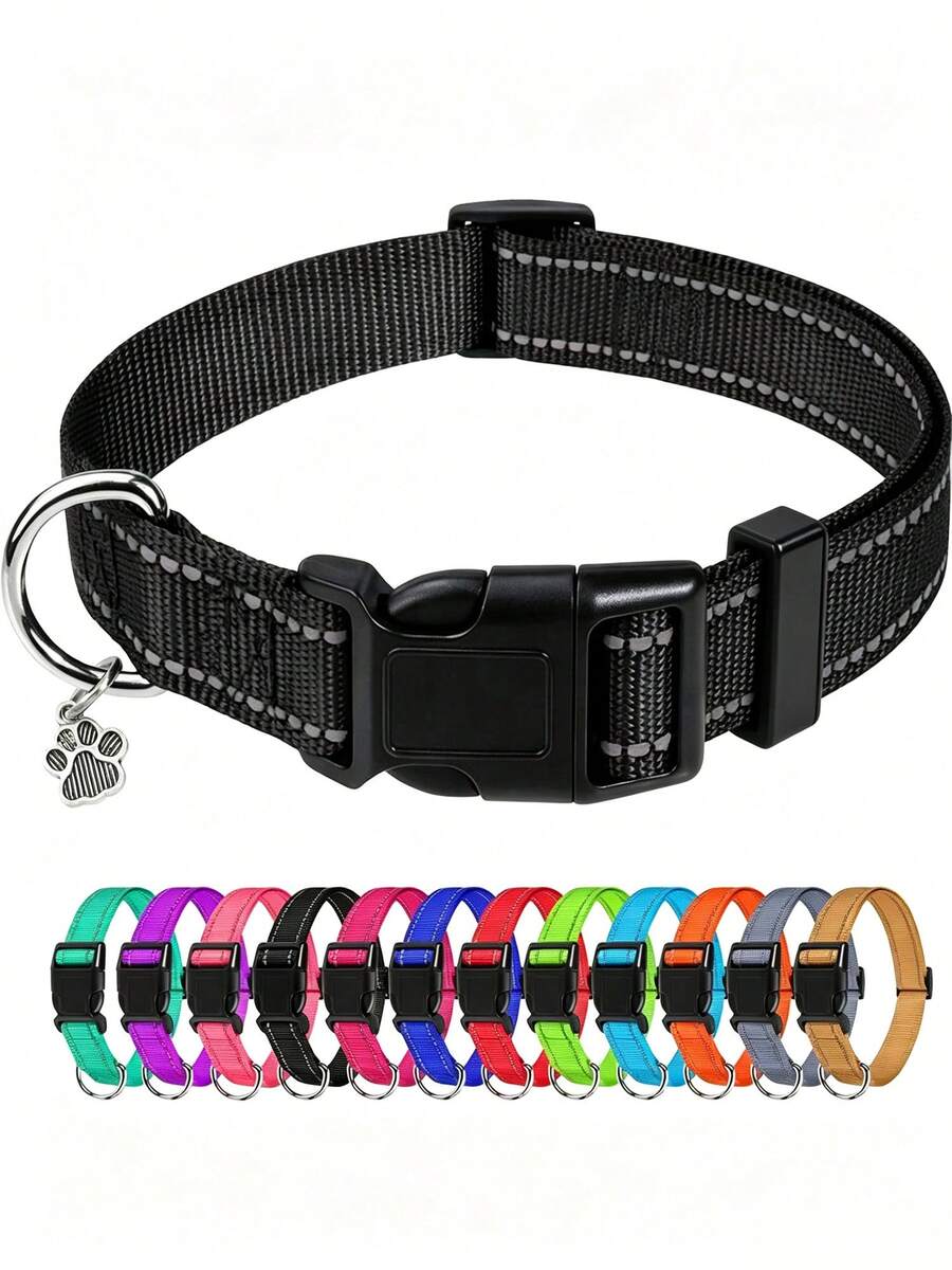 Paw Print & Reflective Thread Dog Collar, Pet Supplies, Nylon Reflective Collar, For Large/medium/small Dogs, Adjustable Size - Black - View 1