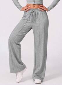 Never me Women's Sports Long Pants Yoga Pilates Loose Wide Leg Fit Elastic Waist Drawstring Design Side Pockets - Light Grey - View 6