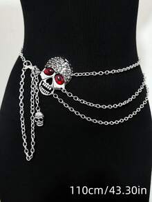 1件哥德式骷髏腰鍊，紅色水鑽眼睛多層褲鍊，萬聖節派對街頭風牛仔褲裝飾配件 - 銀-紅色 - 查看 11