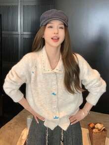 Women's Autumn/Winter New Lace Collar Patchwork Knit Cardigan Top - Apricot - View 2