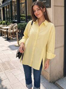 Plus Size Women's Solid Loose Button Front Shirt, Collared Slit Long Sleeve Top With Pockets For Business, Office, Home, Daily, Spring Summer Fall Win - Yellow - View 3