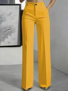 Women's Minimalist Casual Solid Color Pleated Slant Pocket Straight Leg Pants Spring Yellow - Yellow - View 1