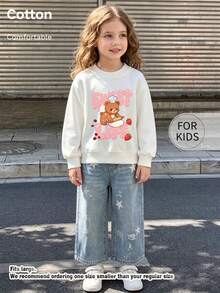 Tween Girl Crew Neck Sweatshirt, Sweet Life Chef Bear Baking Strawberry Graphic Print Soft Cotton Pullover For Tween Girl - White - View 3