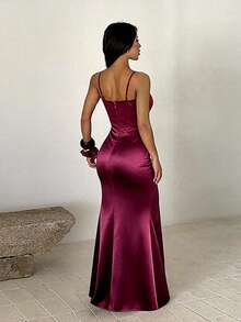 Autumn Solid Color Cup Strap Patchwork Satin Evening Dress, Women's Elegant Dress For Party, Date, Wedding - Burgundy - View 6