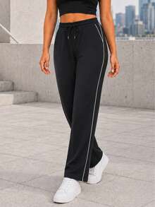 Women's Casual Wide Leg Pants With Contrast Side Stripes, Drawstring Elastic Waist, Straight Leg Fit And Side Pockets - Black - View 4