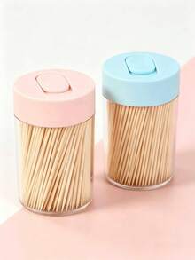 4pcs (300pcs Toothpicks + Container), Natural, Single-Use, Cylindrical Container With Flip Cover, Suitable For Home, Restaurant And Hotel Use, Random Color - Multicolor - View 8