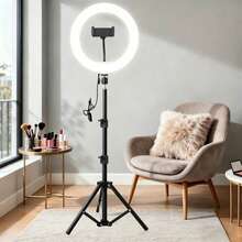 10-Inch LED Selfie Ring Light, 3-Color Adjustable | USB Powered, Includes 43-Inch Tripod And Phone Holder, Suitable For Live Streaming, Photography, Makeup, Video Shooting, Indoor Use, Compatible With Phones And Cameras - Black - View 1