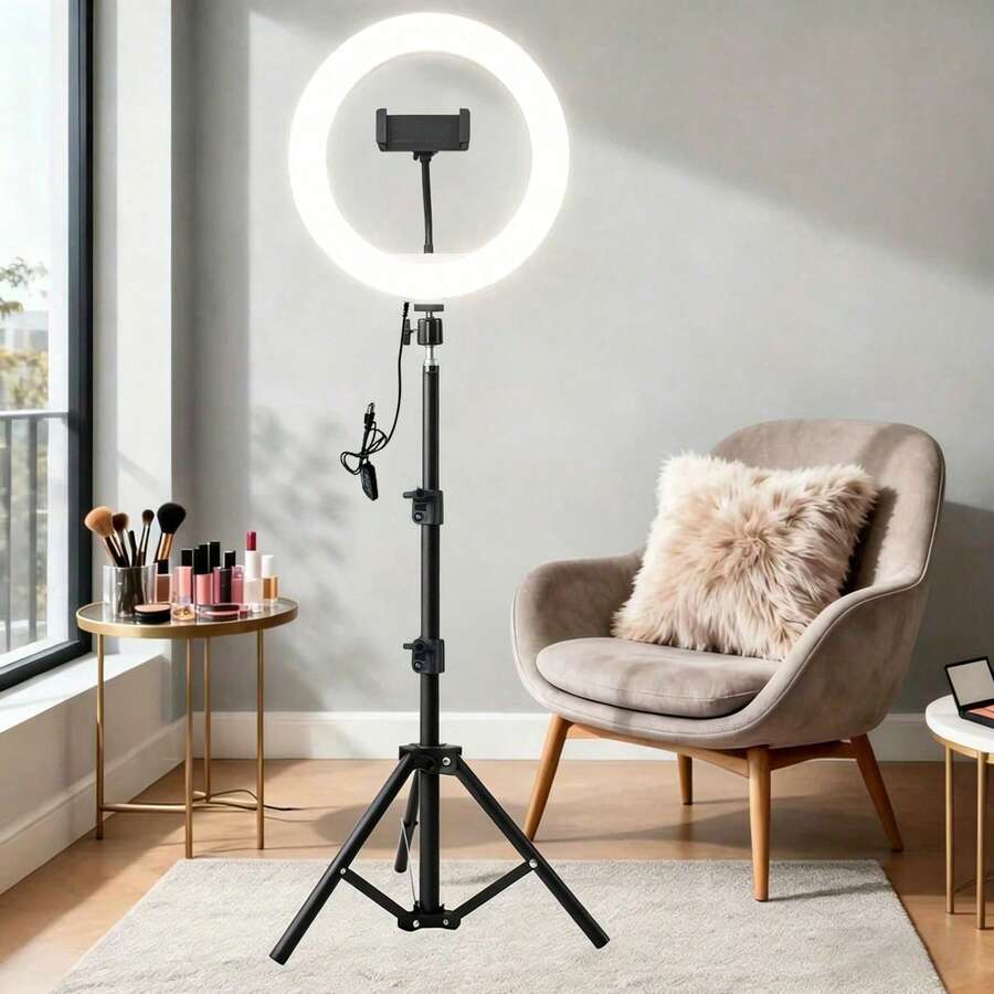 10-Inch LED Selfie Ring Light, 3-Color Adjustable | USB Powered, Includes 43-Inch Tripod And Phone Holder, Suitable For Live Streaming, Photography, Makeup, Video Shooting, Indoor Use, Compatible With Phones And Cameras - Black - View 1