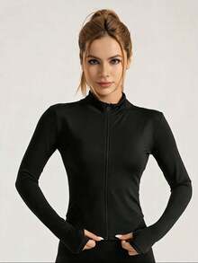 1pc Women's Autumn/Winter Brushed Zipper Thumbhole Long Sleeve Sports Jacket, Solid Color Versatile Slim Fit U-Hem Design - Black - View 6