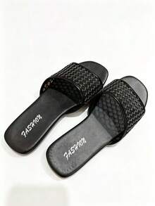 Women's Mesh Embroidered Slip-On Slippers, Summer Fashion Flat Sandals For Commuting, Home And Outdoor Wear, Black - Black - View 6