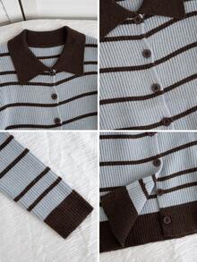 Women's Loose Vintage Contrast Color Striped Knit Cardigan Sweater, Button-Up Soft Cozy Outerwear Top, Autumn/Winter - Light Sky Blue - View 10