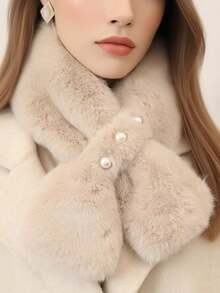 1pc Autumn/Winter Hot-Selling Faux Rabbit Fur Short Cross Pearl Design Fashion Warm - Multicolor - View 3