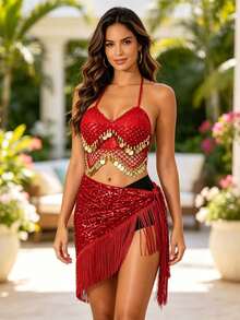 Carnival Dance Metal Disc Halter Chest Ornament, Long Tassel Hip Decor Scarf (Multiple Colors Available) - Multicolor - View 11