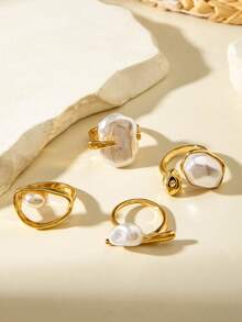 4pcs/Set Minimalist Fashion Alloy Asymmetric Baroque Resin Faux Pearl Multi-Combination Ring Set, Suitable For Women's Daily Commute, Date Outfits, Jewelry Gift - 31066-ring-g-eP - View 5
