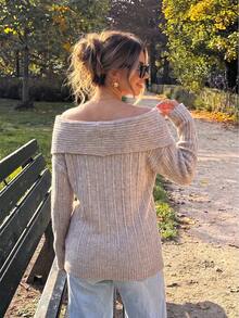 Women's Chic Gray Off ShoulderVertical Stripe Knit Sweater For Daily Commute Party School Date Concert Street Fall Winter Halloween Christmas New Year - Light Grey - View 3