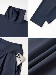TimeOff Setelan Satu Set Wanita Musim Gugur/Dingin, Warna Polos, Minimalis, Premium, Atasan Leher Tinggi Bertumpuk dengan Kantong Samping dan Celana Panjang Lebar - Navy Blue - View 4