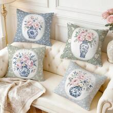 4pcs/1pc Blue And White Porcelain Vase Peony Pattern Pillow Case, Single-Sided Printed Pillow Case, Suitable For Living Room Bedroom Home Decor, All-Season Pillow Case - Multicolor - View 9