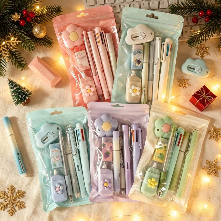 1 Set Total 7 Pcs Christmas Holiday Xmas Decor Macaron Style Stationery Combo Kit, Festive Season Multi‑Functional Writing Correction Tools,Birthday Present Party Favor Stationery ,Portable All‑In‑One Office & Daily Study Stationery Supplies - A - View 1