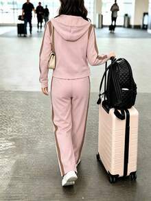 Women's Autumn/Winter Hooded Colorblock 2 Pieces Set, Zipper Pocket Drawstring Top + Straight Leg Pants, Suitable For Office And Casual Wear - Baby Pink - View 4