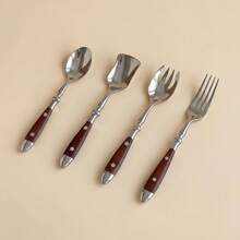 1 Walnut Two-Riveted Cutlery Set, Light Luxury High-End Stainless Steel Dinner Knife, Fork, Spoon, Salad Fork, Teaspoon, Ice Cream Spoon, High-Value Practical Household Restaurant Wooden Handle Knife, Fork, Spoon - View 17