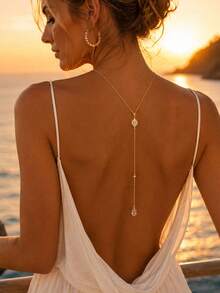 XYHEALER 1pc Women's Backless Necklace, Gold Rhinestone Floral Back Ornament Necklace With Water Drop Pendant, Bridal Lanyard Back Jewelry, Suitable For Wedding Backless Dress - Gold - View 9