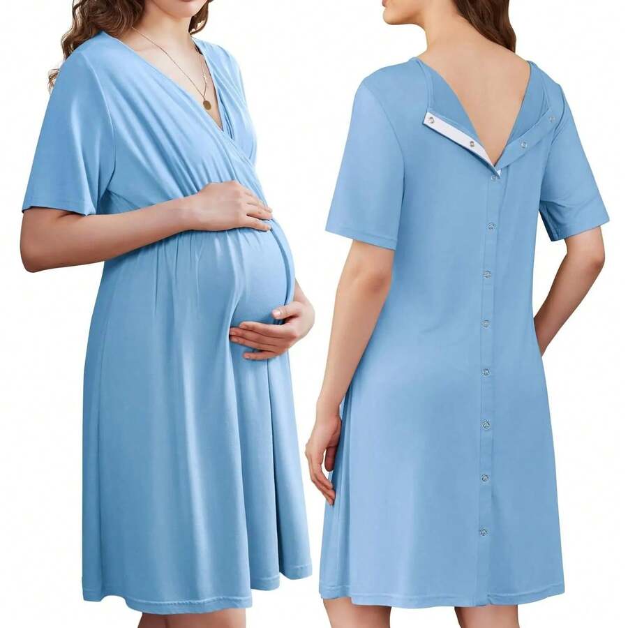 Women's Maternity Clothing, Stretchy V-Neck Labor And Delivery Gown For Pregnancy With Nursing Access And Split Front, Postpartum, Women's Clothes, - Lake Blue - View 1