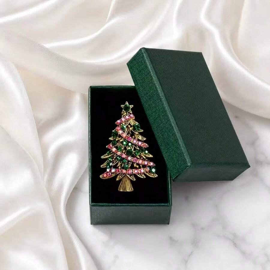 1 Box Vintage Rhinestone Christmas Tree Brooch Gift Set, Comes With ...