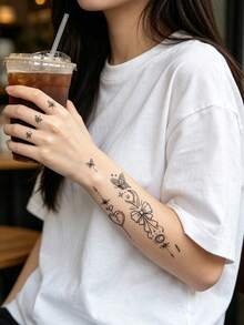 30pcs Black Personalized Tattoo Stickers, Including A Wide Range Of Patterns Such As Plants, Animals, Etc., Can Be Freely DIY Designed, Waterproof And Durable, Suitable For Daily Travel Arm, Leg, Neck, Finger And Other Decorations, A Great Gift - Black - View 10