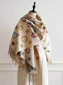 1pc Geometric Floral Print Tasseled Thick Scarf 65*200cm, Polyester Faux Cashmere, Fall Winter Shawl For Travel Party Outing, Wear As Scarf Shawl - Multicolor - View 6